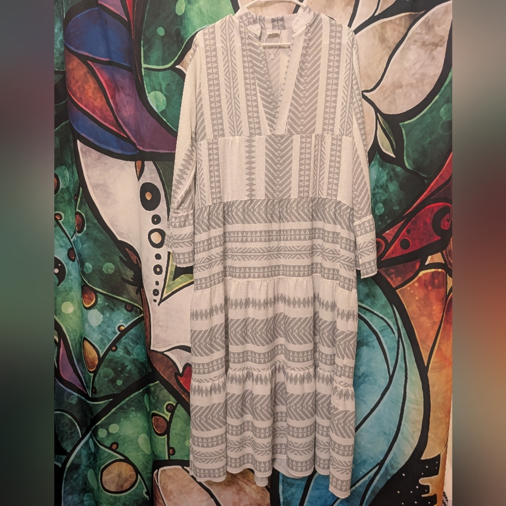 Silk & Salt Summer of Love Sage Green & White Maxi Dress, Long Sleeve, V-Neck - Picture 6 of 9